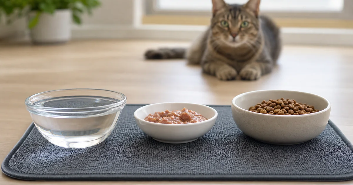 고양이 앞에 물그릇과 습식 사료, 건식 사료가 균형 있게 놓인 수분 관리 장면