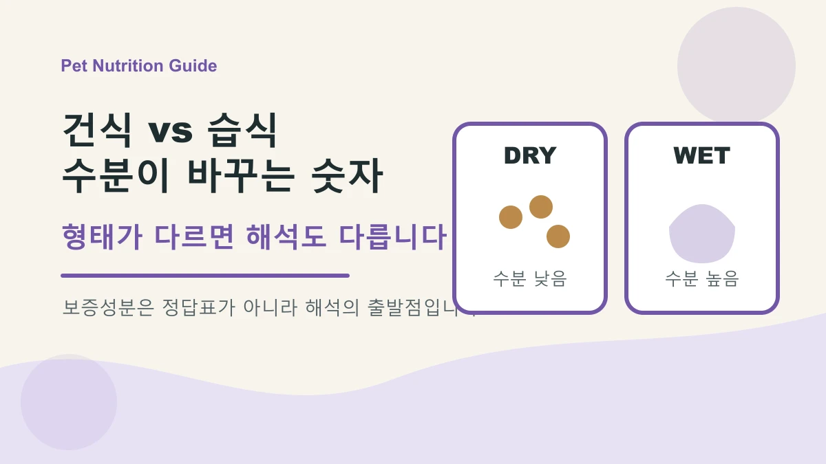 건식과 습식 고양이 사료는 수분 함량 차이 때문에 조단백질 숫자가 다르게 보이는 이미지